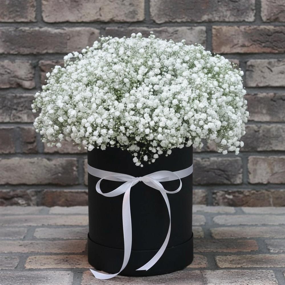 Цветочная композиция из Гипсофила в шляпной коробке в Жуковской