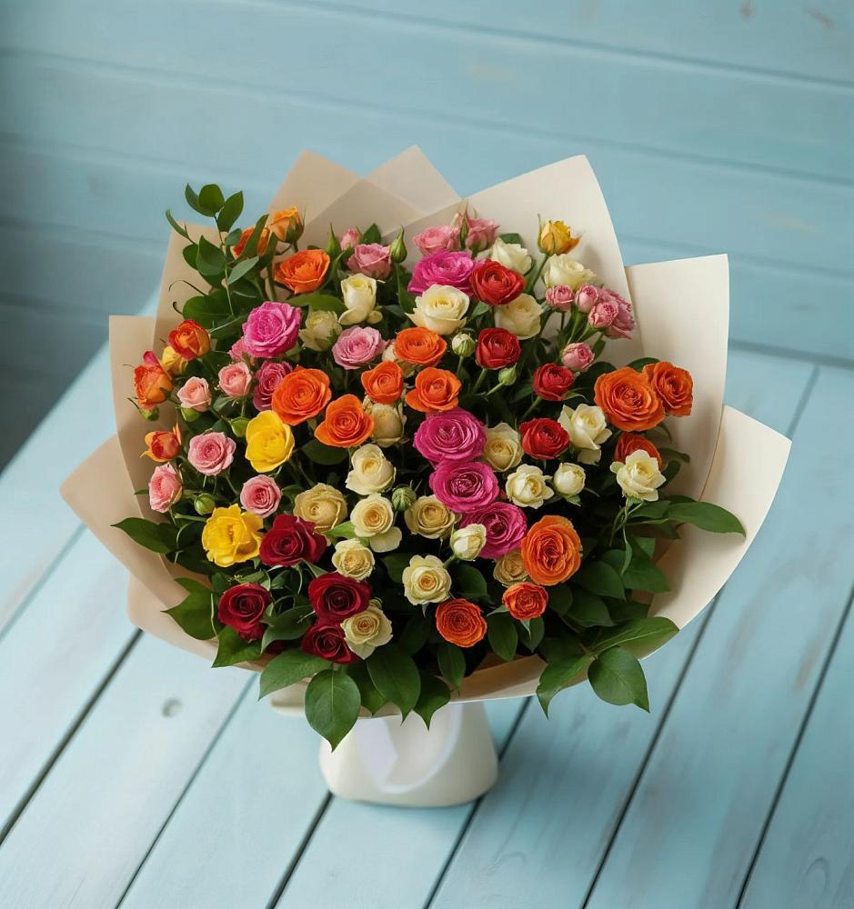 Букет Микс из разноцветных кустовых роз в Жуковской