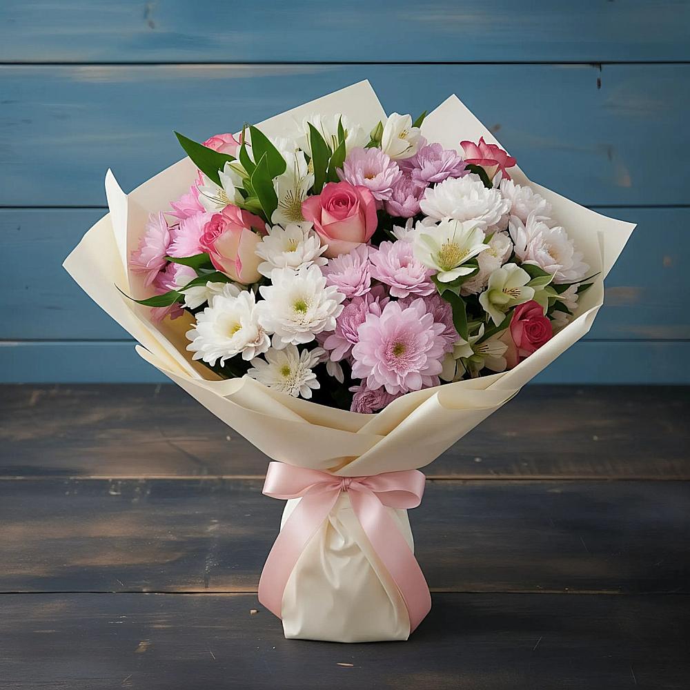 Букет цветов из: Хризантемы, Альстромерии и Розы в Жуковской